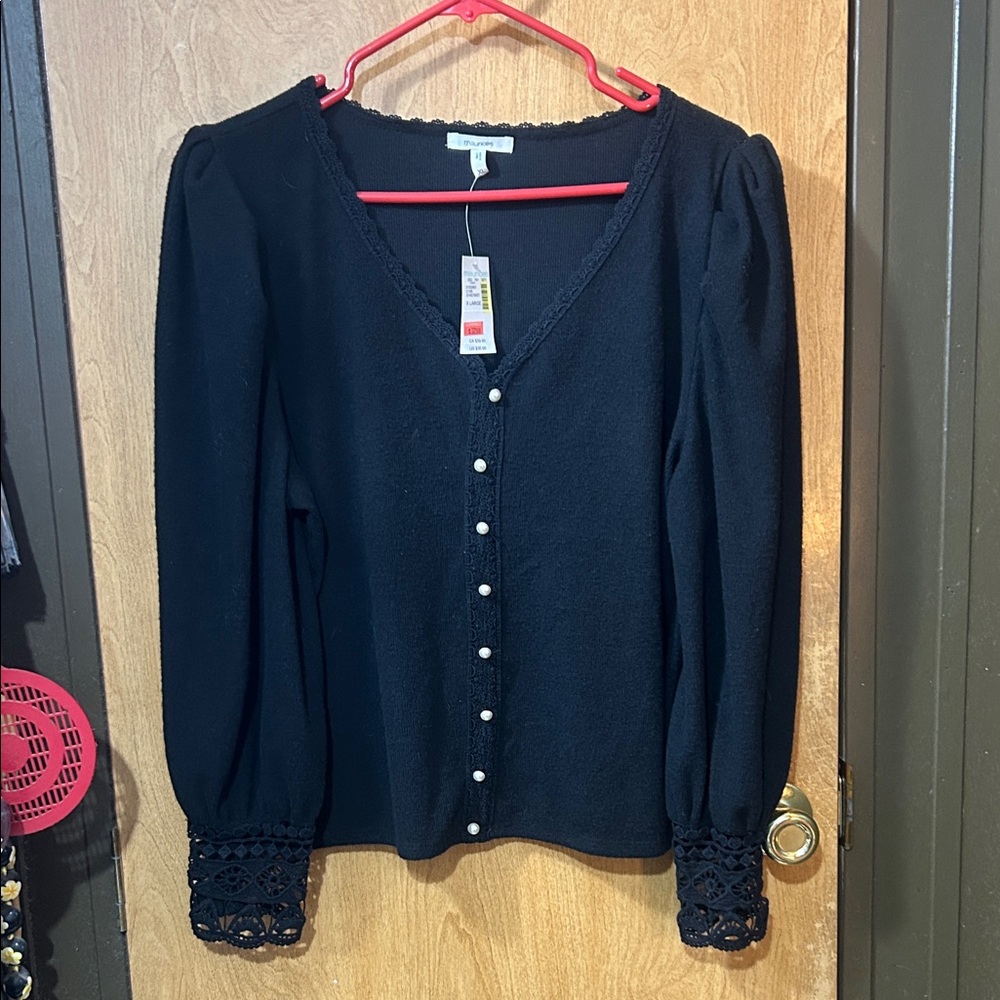 Maurices Black V-Neck Blouse with Lace Cuffs